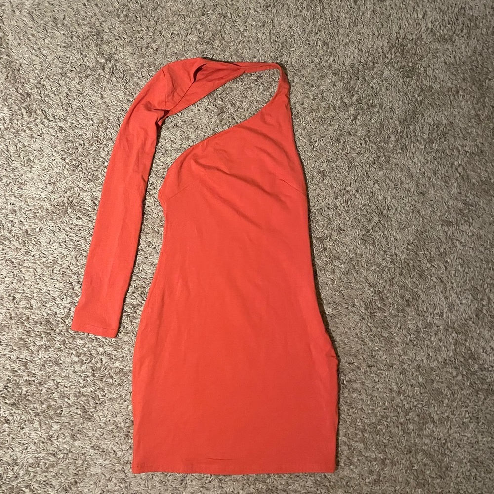 Super down, wrapped around one shoulder mini dress.